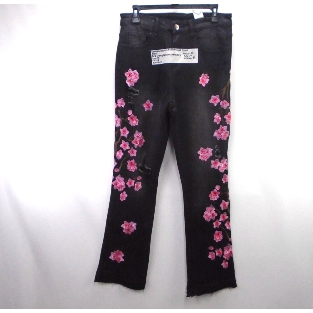 Manfinity Cherry Blossom Embroidered Stacked Jeans Womens Black Denim Size 28